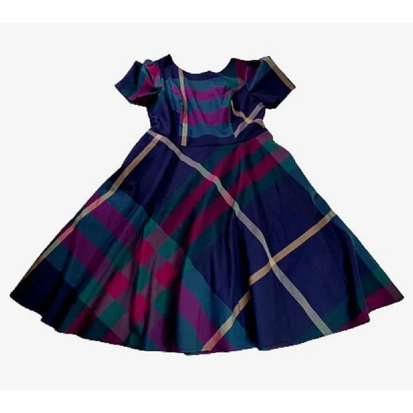 Modcloth Definitively Darling Fit and Flare Dress Womens 14 Blue Plaid Retro Fab - Picture 3 of 16